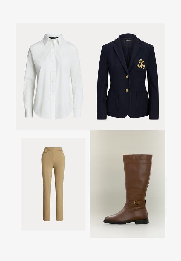 Marineblå blazer med gyldne knapper, to forlommer og et guldbroderet logo på venstre brystlomme.; Hvid langærmet skjorte med knapper, klassisk krave og synlige knapper foran, vist på en ensfarvet baggrund.; Beige slim-fit kvindebukser med høj talje, to knapper i siden og en lille lomme med knap nær taljebåndet.; Høj brun læderstøvle med en strop med spænde på siden og lav sort sål, fotograferet mod en neutral baggrund.