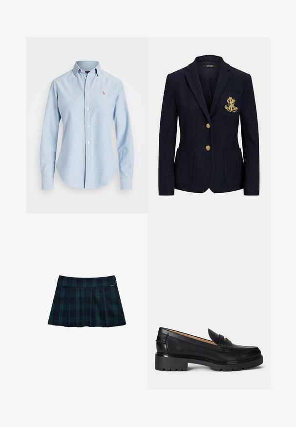 Navyblauwe blazer met gouden knopen, twee steekzakken aan de voorkant en een goud geborduurd logo op de linkerborstzak.; Lichtblauw overhemd van katoen, met lange mouwen, een puntkraag en een klein geborduurd logo op de linkerborst.; Geruite geplooide rok in donkergroen en marineblauw met een gladde tailleband en logodetail. Heeft een klassiek, gelaagd plooidesign.; Zwarte leren loafer met dikke profielzool, lage hak en decoratief bandje aan de voorkant.
