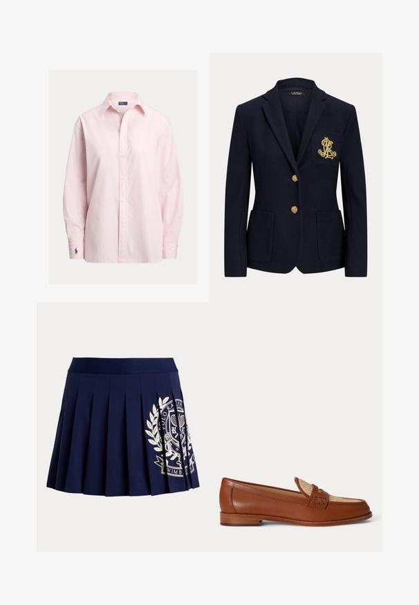 Navyblauwe blazer met gouden knopen, twee steekzakken aan de voorkant en een goud geborduurd logo op de linkerborstzak.; Lichtroze overhemd met knopen, gemaakt van een gladde katoenmenging, met een standaardkraag, lange mouwen en een klein geborduurd logo op de boord.; Marineblauwe geplooide rok met brede tailleband en wit tennis-thema wapenlogo aan de rechteronderkant.; Bruine leren loafer met geweven beige paneel bovenop, lage houten hak en traditioneel pennyriemontwerp op witte achtergrond.