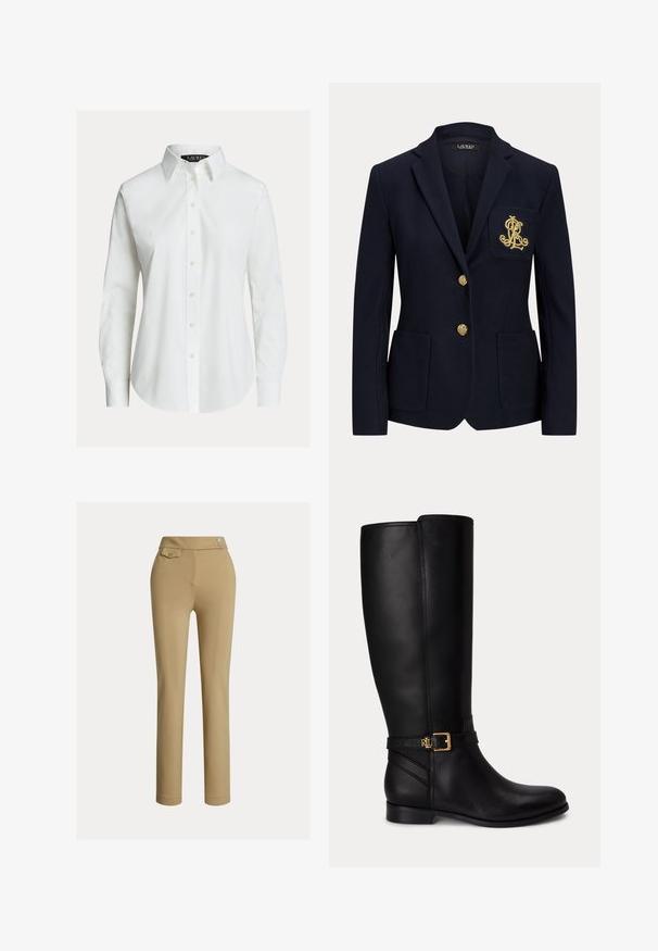 Marineblazer mit goldenen Knöpfen, zwei Fronttaschen und einem goldbestickten Logo auf der linken Brusttasche.; Weißes langärmeliges Hemd mit Knopfleiste, spitzem Kragen und leicht gebogenem Saum.; Beige Slim-Fit-Hosen für Frauen mit hoher Taille, zwei Knöpfen an der Seite und einer kleinen Knopftasche nahe des Bundes.; Schwarzer kniehoher Lederstiefel mit niedrigem Absatz, goldener Schnalle und kleinem eingeprägtem Logo am Seitengurt.