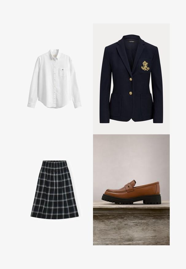 Blazer bleu marine avec boutons dorés, deux poches avant et un logo brodé en or sur la poche poitrine gauche.; Chemise blanche à manches longues boutonnée avec col et poche poitrine avec un petit logo brodé sur fond uni.; Jupe à carreaux noir et blanc avec un waistband smocké, longueur genou, présentant un design évasé et une texture de tissu douce.; Mocassin en cuir marron avec une semelle noire épaisse flottant au-dessus d'une surface en bois, avec de grandes herbes vertes en arrière-plan.