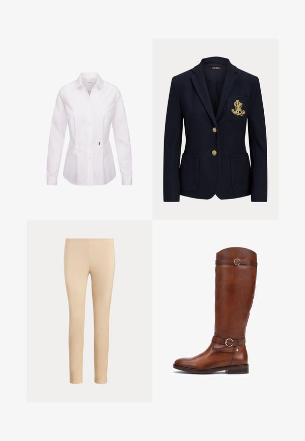 Marineblå blazer med gyldne knapper, to forlommer og et guldbroderet logo på venstre brystlomme.; Hvid langærmet skjorte med knapper, klassisk krave, frontplade, sidesømme og en sort broderet rosedetalje nær kanten.; Beige slim-fit ankellange bukser med en glat finish og uden synlige lommer eller pynt på en ensfarvet baggrund.; Brune læderstøvler til knæene med en glat finish, en rundt tå, et dekorativt bælte med en cirkulær spænde, og en lav stablet hæl.