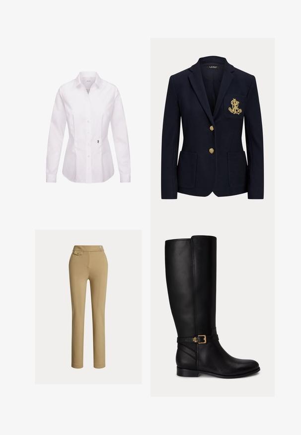 Marineblå blazer med gyldne knapper, to forlommer og et guldbroderet logo på venstre brystlomme.; Hvid langærmet skjorte med knapper, klassisk krave, frontplade, sidesømme og en sort broderet rosedetalje nær kanten.; Beige slim-fit kvindebukser med høj talje, to knapper i siden og en lille lomme med knap nær taljebåndet.; Sort knæhøj læderstøvle med lav hæl, guldlås og lille præget logo på sidespændet.