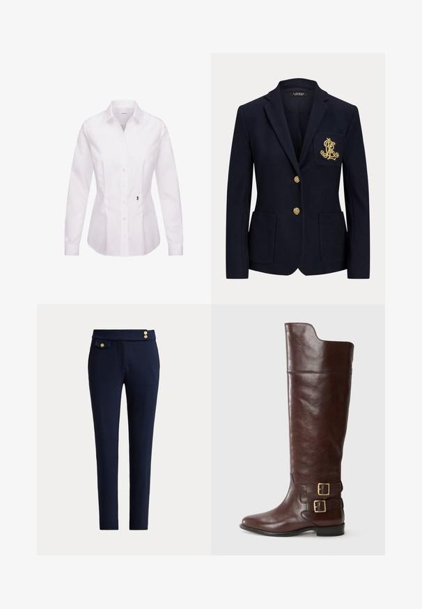 Marineblå blazer med gyldne knapper, to forlommer og et guldbroderet logo på venstre brystlomme.; Hvid langærmet skjorte med knapper, klassisk krave, frontplade, sidesømme og en sort broderet rosedetalje nær kanten.; Marineblå slim-fit bukser med frontklaplomme og tre dekorative gyldne knapper ved linningen.; Brune læderknæhøj støvle med en rund tå, der har to guldtonede spænder ved anklen og en glat, poleret overflade.
