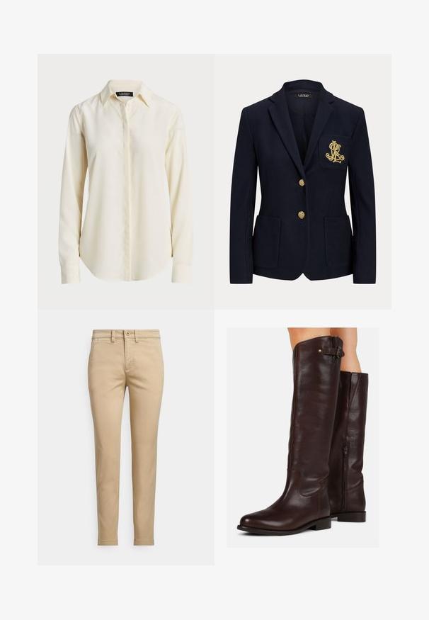 Navyblauwe blazer met gouden knopen, twee steekzakken aan de voorkant en een goud geborduurd logo op de linkerborstzak.; Lichtcrème langemouwshirt met een puntige kraag, knoopsluiting aan de voorkant en een gladde textuur; heeft een ronde zoom en een slim fit.; Beige katoenen chino's met een rechte pasvorm, voorzien van een knoopsluiting, voorzakken en gestikte details langs de naden.; Kastanjebruine leren kniehoge laarzen met een ronde neus, een ritssluiting aan de zijkant en een klein gespdetail aan de bovenkant, met een gladde textuur.
