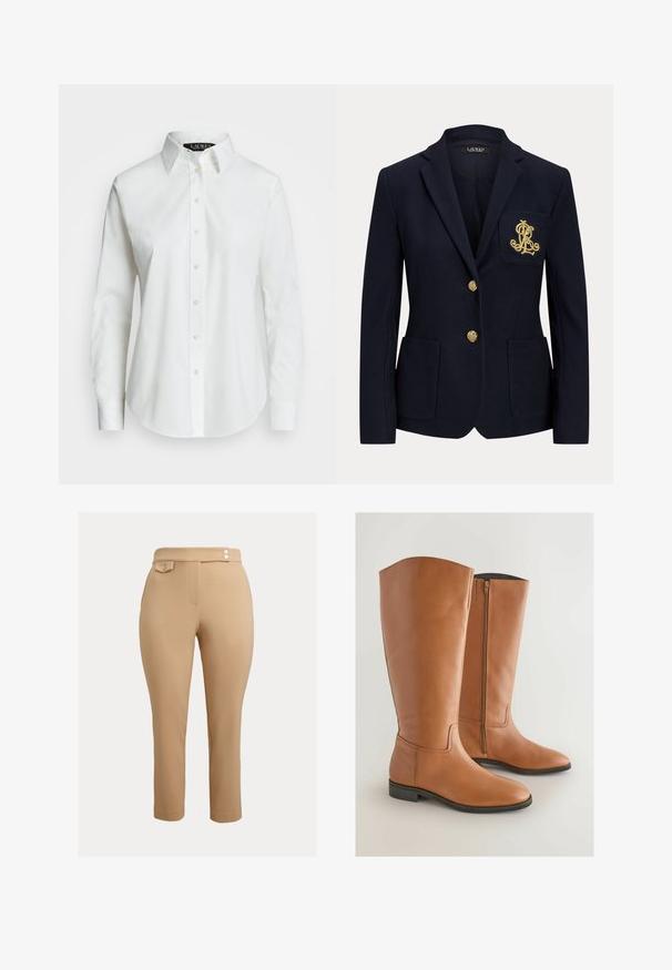 Marineblå blazer med gyldne knapper, to forlommer og et guldbroderet logo på venstre brystlomme.; Hvid langærmet skjorte med knaplukning lavet af bomuld. Har en klassisk krave, syv knapper og et diskret logo broderet på brystet.; Beige slim-fit bukser med høj talje, der har to små dekorative knapper ved taljen og en knappet klaplomme på højre side.; Høje, brune læderridestøvler med et strømlinet design, rund tå og en lynlås på siden for nem påtagning. Flade såler og minimale syninger.