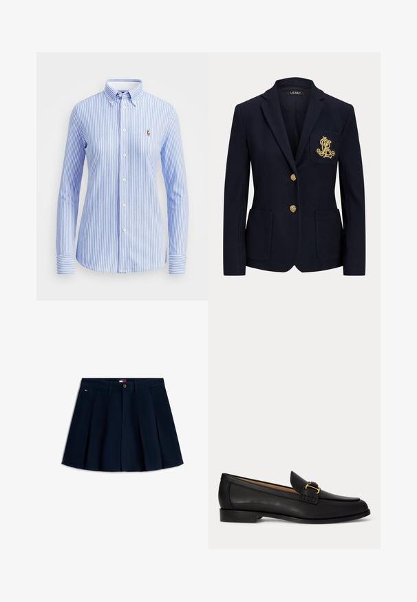 Blazer azul marino con botones dorados, dos bolsillos delanteros y un logo bordado en oro en el bolsillo izquierdo del pecho.; Camisa de botones a rayas azul claro y blanca con cuello, mangas largas y un pequeño logo bordado en la parte izquierda del pecho.; Minifalda plisada de color azul marino con botones frontales y cremallera, trabillas para cinturón, bolsillos laterales y pequeño logo en la cadera izquierda.; Mocasín de cuero negro con un pequeño tacón y hebilla dorada decorativa en la parte delantera, mostrado de lado sobre fondo blanco.