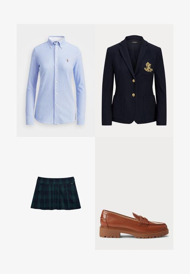 Blazer azul marino con botones dorados, dos bolsillos delanteros y un logo bordado en oro en el bolsillo izquierdo del pecho.; Camisa de botones a rayas azul claro y blanca con cuello, mangas largas y un pequeño logo bordado en la parte izquierda del pecho.; Falda plisada de cuadros en verde oscuro y azul marino con una cintura lisa y un detalle con logo. Presenta un diseño clásico de pliegues en capas.; Mocasines de piel marrón con diseño de punta de mocasín, costuras visibles y suela de goma gruesa y texturizada. Acento en hardware de tono dorado.