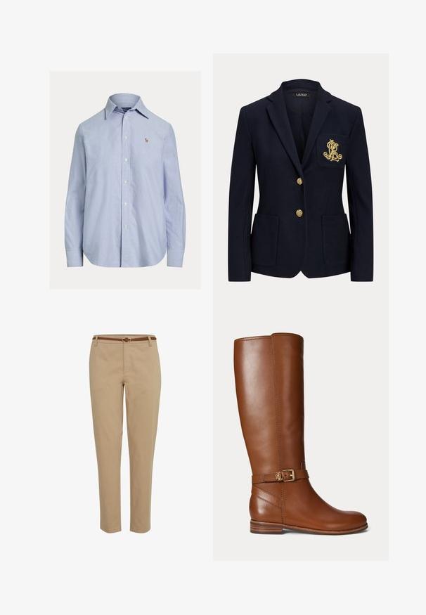 Marineblazer mit goldenen Knöpfen, zwei Fronttaschen und einem goldbestickten Logo auf der linken Brusttasche.; Hellblaues, langärmliges Hemd mit Knopfleiste, spitzem Kragen und kleinem gesticktem Logo auf der linken Brust.; Khakihosen mit geradem Schnitt, ausgestattet mit einem braunen Gürtel mit einer silbernen Schnalle. Hergestellt aus einem glatten, leichten Stoff.; Brauner kniehoher Lederstiefel mit einer kleinen goldenen Schnalle und "RL" Logo am Riemen nahe dem Knöchel, flachem Absatz und glatter Oberfläche.