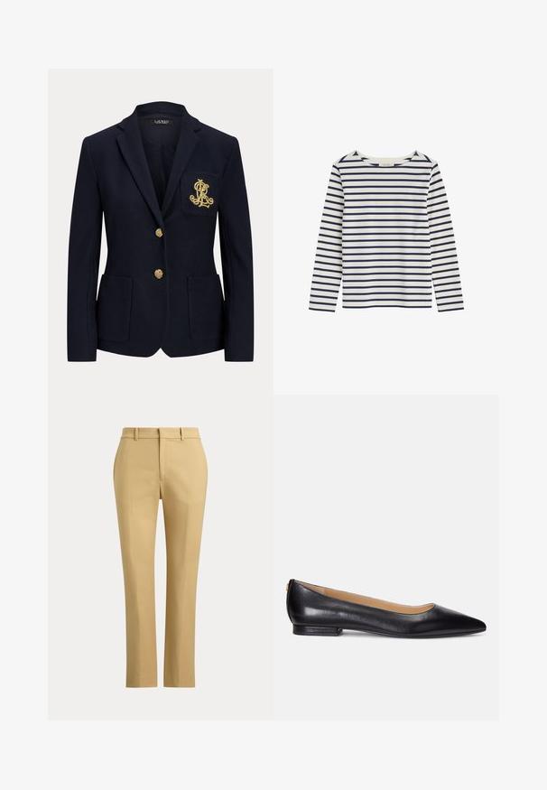 Blazer azul marino con botones dorados, dos bolsillos delanteros y un logo bordado en oro en el bolsillo izquierdo del pecho.; Camisa de manga larga blanca con rayas horizontales azul marino y escote redondo, extendida sobre un fondo blanco.; Pantalones beige de corte recto con trabillas para cinturón, pliegue delantero y cintura lisa sobre un fondo liso.; Bailarinas de cuero negro con punta afilada, tacón bajo y un acento dorado en el tacón. Textura suave con una silueta clásica.