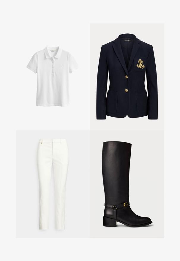 Blazer bleu marine avec boutons dorés, deux poches avant et un logo brodé en or sur la poche poitrine gauche.; Polo blanc à manches courtes avec trois boutons et un petit logo brodé sur le côté gauche de la poitrine.; Pantalon blanc sur mesure à coupe slim, présentant une texture lisse, des passants pour ceinture et un petit détail en métal doré. Aucune poche visible.; Botte en cuir noir montant jusqu'au genou, avec un petit talon carré et une sangle décorative dotée d'une petite boucle en or à la cheville.