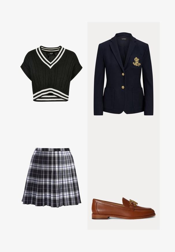 Navyblauwe blazer met gouden knopen, twee steekzakken aan de voorkant en een goud geborduurd logo op de linkerborstzak.; Zwart cropped sweater met een v-hals, kabelbreisel, korte mouwen en dubbele witte strepen bij de kraag en de zoom.; Zwart en grijs geruit geplooide rok met een tailleband, de stof is glad en heeft horizontale en verticale lijnen in verschillende breedtes.; Bruine leren loafer met lage gestapelde hak en gouden metalen gespdetail bovenop, getoond in zijaanzicht op een effen achtergrond.
