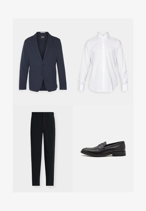Blazer marine fabriqué en tissu lisse, doté d'un design à un bouton, de deux poches avant, de deux boutons et d'un revers cranté classique.; Chemise blanche à manches longues et à col classique, en tissu lisse, avec une patte de boutonnage à l'avant comportant de légers boutons arrondis.; Pantalon noir cintré sur mesure avec passants de ceinture et fermeture avant dissimulée, présenté sur fond blanc.; Mocassin en cuir noir avec une finition lisse, une sangle décorative sur le dessus, un bout rond et un petit talon empilé.