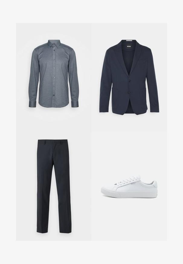 Marineblazer aus glattem Stoff, mit einem einreihigen Design, zwei frontalen Taschen, zwei Knöpfen und einem klassischen Revers.; Langärmliges Hemd mit Knöpfen aus dunkelgrauem Stoff, mit einem Kragen, Frontknöpfen und Manschetten. Glatte Textur mit passgenauer Design.; Schwarze gerade geschnittene Stoffhose mit Gürtelösen und einem Reißverschluss vorne, auf einfarbigem Hintergrund präsentiert.; Weiße Leder-Sneaker mit glatter Oberfläche, niedrigem Design, runder Spitze und flacher Gummisohle. Ausgestattet mit flachen Schnürsenkeln und minimaler Markenkennung.