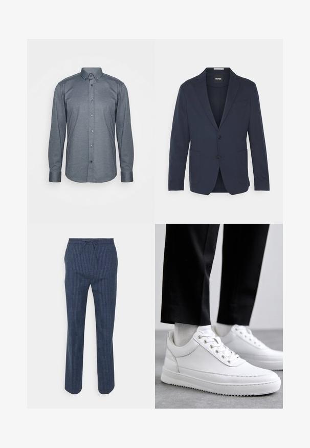 Marineblazer aus glattem Stoff, mit einem einreihigen Design, zwei frontalen Taschen, zwei Knöpfen und einem klassischen Revers.; Langärmliges Hemd mit Knöpfen aus dunkelgrauem Stoff, mit einem Kragen, Frontknöpfen und Manschetten. Glatte Textur mit passgenauer Design.; Tiger of Sweden ISCOVE - Stoffhose - light ink; Weiße Leder-Sneaker mit flacher Gummisohle, ausgestattet mit einer glatten Oberfläche, runder Zehenpartie und Metallösen für die Schnürsenkel. Getragen mit schwarzen Hosen.