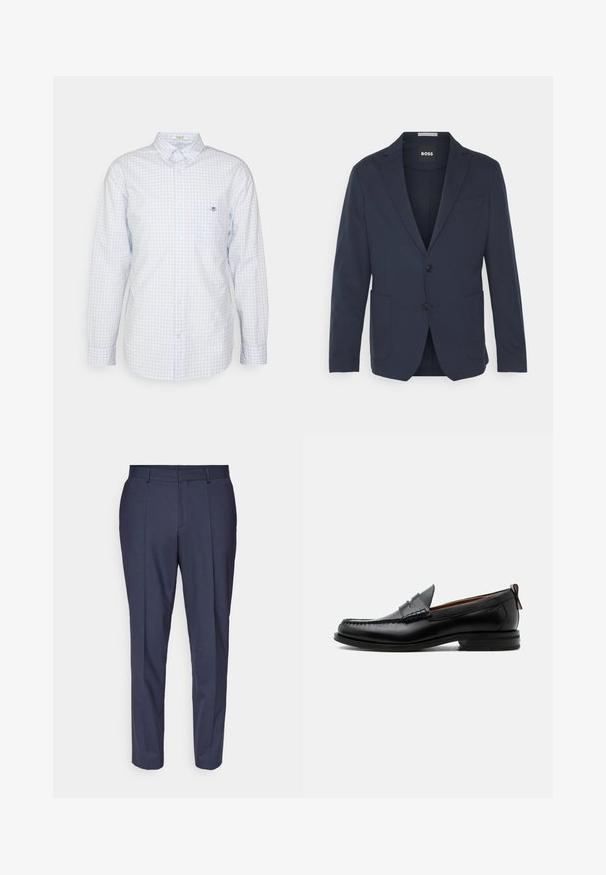 Námornícky blazer vyrobený z hladkej tkaniny, s jednoprsťovým dizajnom, dvoma prednými vreckami, dvoma gombíkmi a klasickým klopovým golierom.; Svetlomodrá kockovaná košeľa na gombíky s dlhými rukávmi, golierom a malým logom na hrudi. Vyrobená z bavlny, s hladkou textúrou.; Námornícke nohavice s rovnými nohavicami, vyrobené z textúrovaného materiálu, s prednými záhybmi, pútkami na opasok a bočnými vreckami.; Čierny kožený pánsky mokasín s prešitím moc toe, penny remienkom, textúrovaným golierom a nízkym vrstveným podpätkom na bielom pozadí.