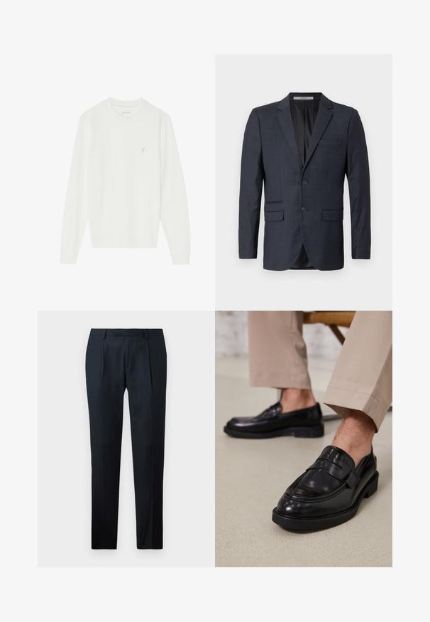 Blazer à carreaux bleu marine en tissu texturé. Il comporte deux poches avant, une poche sur la poitrine et deux boutons.; Pull blanc à manches longues en maille douce. Il présente un col rond et un petit motif d'oiseau brodé sur le côté gauche de la poitrine.; Pantalon noir sur mesure en tissu lisse, présentant un design slim fit, deux plis avant et une taille plate sans matériel visible.; Mocassins en cuir noir avec une finition lisse, ornés d'une sangle décorative et de coutures contrastées, associés à un pantalon beige.