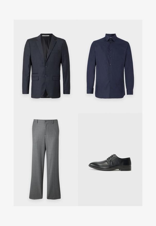 Blazer à carreaux bleu marine en tissu texturé. Il comporte deux poches avant, une poche sur la poitrine et deux boutons.; Chemise de couleur bleu marine, boutonnée, en tissu lisse, avec un col classique, des manches longues et sept boutons noirs le long du devant.; Pantalons gris à rayures fines avec une coupe décontractée, dotés d'une fermeture à bouton, de passants de ceinture et de subtiles rayures bleu clair tout au long.; Chaussure habillée en cuir noir à surface lisse, design à lacets, bout pointu et semelle en caoutchouc profilée basse. Forme et détails minimalistes.