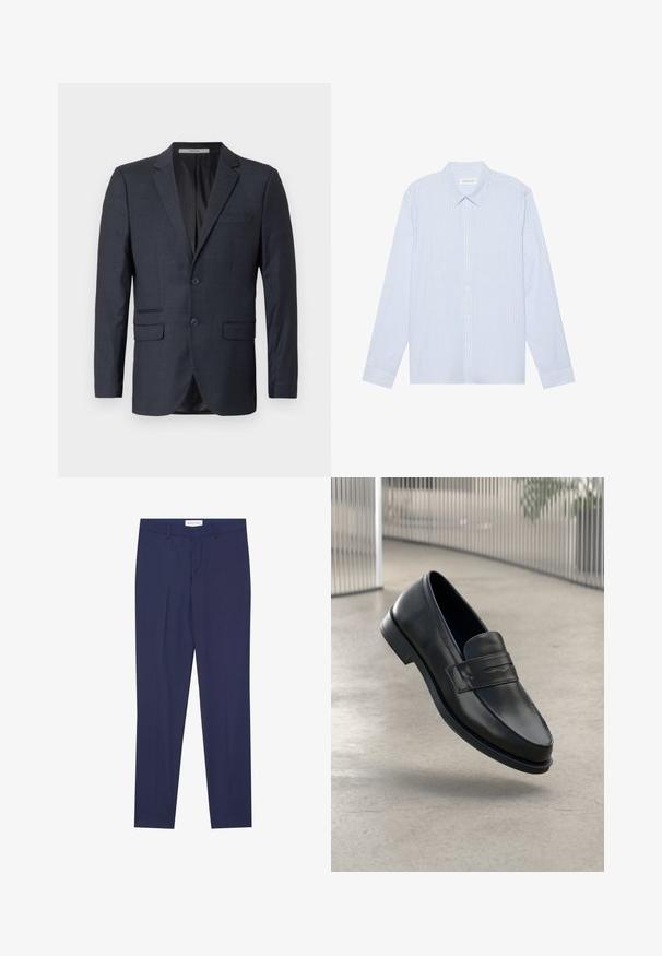 Blazer à carreaux bleu marine en tissu texturé. Il comporte deux poches avant, une poche sur la poitrine et deux boutons.; Chemise à manches longues à rayures bleu clair. Elle possède un col traditionnel, des boutons blancs et un tissu en mélange de coton lisse.; Pantalons de costume navy en tissu lisse, dotés d'un devant plat, de deux poches latérales, d'une fermeture éclair et d'un ourlet net sans motifs ni accents.; Mocassin en cuir noir à texture lisse, bout pointu et bande décorative sur le cou-de-pied. Semelle légère, design minimaliste.