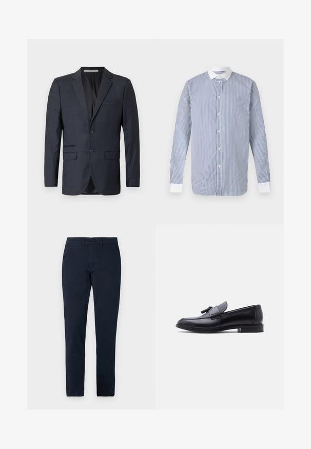 Blazer à carreaux bleu marine en tissu texturé. Il comporte deux poches avant, une poche sur la poitrine et deux boutons.; Chemise à manches longues à boutons avec des rayures verticales bleues et blanches, col blanc et poignets blancs sur un fond uni.; Pantalon noir slim fit pour homme avec fermeture avant par bouton et zip, passants de ceinture et poches latérales.; Mocassin en cuir noir avec panneau en tissu gris texturé et détail à pampilles, talon bas et bout arrondi, vu de côté sur fond blanc.