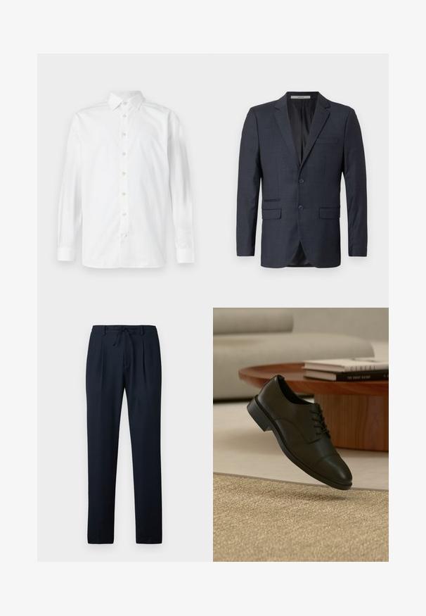 Marineblau kariertes Blazer aus strukturiertem Stoff. Verfügt über zwei vordere Taschen, eine Brusttasche und zwei Knöpfe.; Weißes langärmeliges Hemd mit Knopfleiste, verbreitetem Kragen und geknöpften Manschetten, auf weißem Hintergrund dargestellt.; Marineblaue Hosen aus leichtem Stoff, mit einem strukturierten Muster, gefalteter Front und einem elastischen Bund mit Kordelzug.; Schwarzer Lederschuh mit Schnürsenkeln, der über einem beigen, strukturierten Teppich in einem Wohnzimmer mit einem hölzernen Couchtisch und Büchern schwebt.