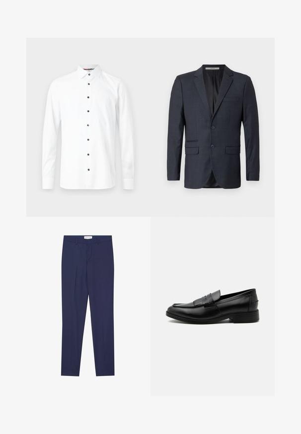 Blazer à carreaux bleu marine en tissu texturé. Il comporte deux poches avant, une poche sur la poitrine et deux boutons.; Chemise blanche à manches longues avec boutons noirs, col pointu et poignets boutonnés sur fond gris clair.; Pantalons de costume navy en tissu lisse, dotés d'un devant plat, de deux poches latérales, d'une fermeture éclair et d'un ourlet net sans motifs ni accents.; Mocassin homme en cuir noir avec détail pompon, bout arrondi, talon bas et finition polie lisse, montré de profil sur fond blanc.