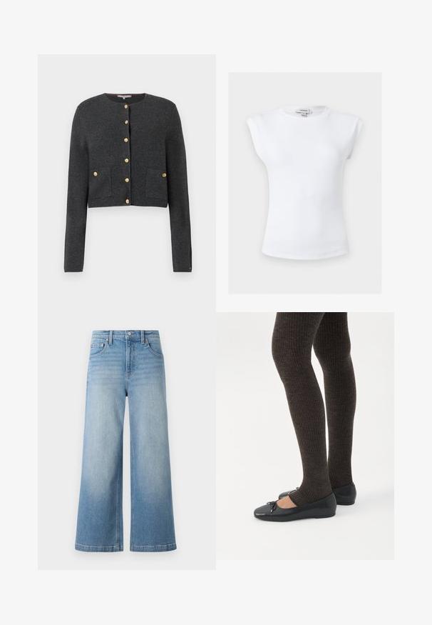 Mørkegrå strikket cardigan med rund halsudskæring, gyldne knapper, to frontlommer og lange ærmer; kort design.; Hvid ribbet ærmeløs top med polstrede skuldre og rund halsudskæring, størrelse small, mærket Topshop indvendigt i kraven.; Lyseblå denim bredbenede jeans med høj talje, fem-lomme design, synlig syning og knappelukning foran.; Ben iført mørke ribbede leggings kombineret med sorte balletsko med små sløjfedetaljer på hvid baggrund.