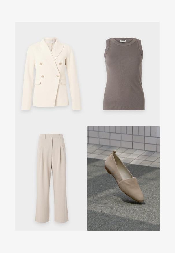 Flødefarvet dobbeltradet blazer med lange ærmer, notch-rever, fire guldteksturerede knapper og to lommer med klap.; Grå ribbede tanktop med rund halsudskæring og ærmeløs design, lavet af et blødt, tekstureret stof. Enkel, tætsiddende silhuet.; Beige viddebukser med høj talje, der har frontfolder, en glat tekstur og en skræddersyet design. Ingen synlige lommer eller udsmykninger.; Beige flad sko lavet af blødt materiale, med spidse tæer og minimalistisk design. Inkluderer en lille hæl og en løkke bagpå.
