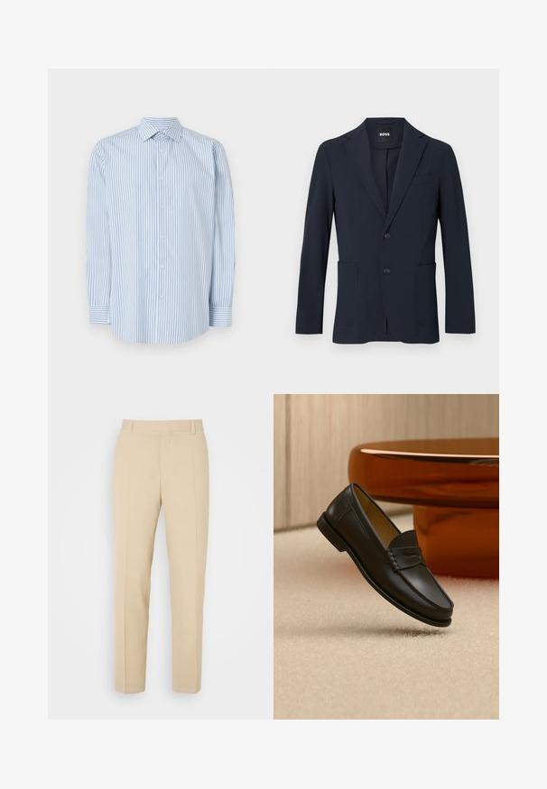 Donker marineblauwe formele herenblazer met twee knopen, hoekige revers en opgestikte voorzakken, met „BOSS“ label binnen in de kraag.; Blauwe en witte gestreepte blouse met lange mouwen, gemaakt van katoen, met een klassieke kraag, knoopsluiting aan de voorkant en manchetten.; Beige op maat gemaakte broek met een recht gesneden ontwerp, gemaakt van lichtgewicht stof, met twee voorzakken en nette, geplooide vouwen.; Zwarte leren loaferschoen zwevend boven een beige tapijt met amberkleurige moderne meubels op de achtergrond.