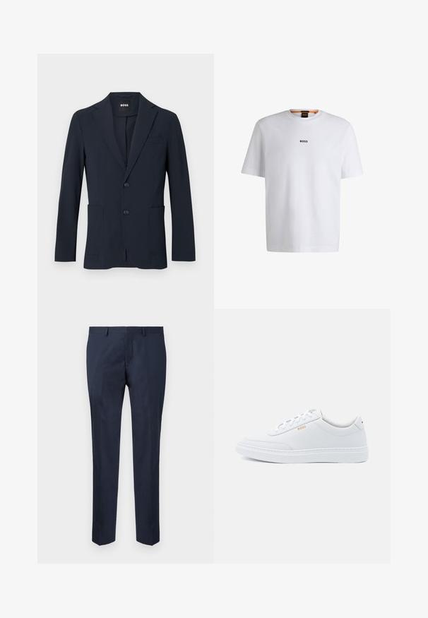 Donker marineblauwe formele herenblazer met twee knopen, hoekige revers en opgestikte voorzakken, met „BOSS“ label binnen in de kraag.; Witte katoenen T-shirt met korte mouwen, voorzien van een zwart "BOSS"-logo in het midden van de borst en een ronde halsontwerp.; Marineblauwe op maat gemaakte broek, gemaakt van een gladde stof. Kenmerkt zich door een recht model met een platte voorkant en zijzakken.; Witte leren sneakers met een gladde textuur, ronde neus en tonale stiksels. Voorzien van blauwe veters en een gouden logo op de zijkant.