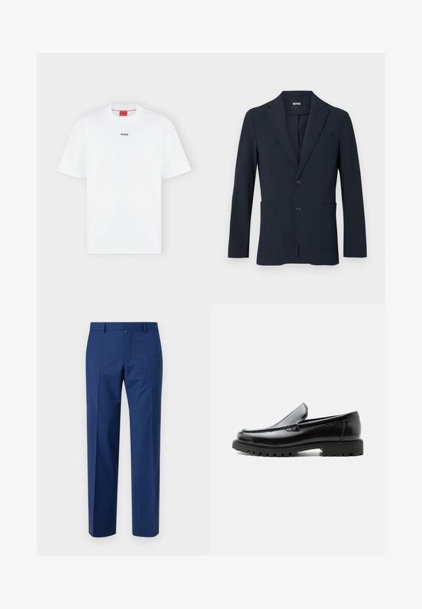 Dunkel marineblauer formeller Herrenblazer mit zwei Knöpfen, Revers mit Kerbe und aufgesetzten Fronttaschen, innen am Kragen mit „BOSS“ Label.; Weißes T-Shirt mit kurzen Ärmeln und kleinem schwarzem "HUGO" Logo mittig auf der Brust und einem roten Etikett innen im Kragen.; Marineblaue Hose mit gerade geschnittenem Bein, flachem Vorderteil, subtiler Textur, Gürtelschlaufen und Reißverschluss.; Schwarzer Lederloafer mit grober Gummisohle, genähter Oberseite und geprägtem Markennamen an der Ferse, seitlich auf weißem Hintergrund gezeigt.