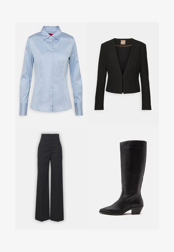 Zwarte cropped blazer met een diepe V-hals, lange mouwen en een enkele sluiting aan de voorkant. Gemaakt van een gladde, stevige stof met een subtiele glans.; Lichtblauw button-up shirt van gladde stof, met een klassieke kraag, lange mouwen en een rechte pasvorm met subtiele stikseldetails.; Wijdvallende broek in zwarte stof met een hoge tailleband, met een schone afwerking en een gladde textuur. Geen zichtbare hardware of patronen.; Zwarte leren laars tot half op de kuit met een puntige neus en een lage schuine hak op een effen lichte achtergrond.