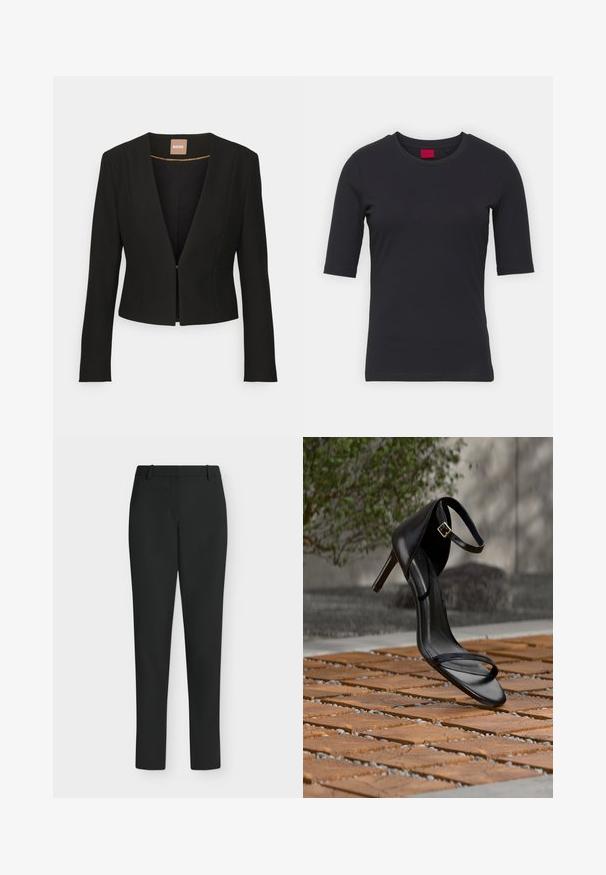 Schwarze, verkürzte Jacke mit tiefem V-Ausschnitt, langen Ärmeln und einem einzelnen vorderen Verschluss. Hergestellt aus einem glatten, robusten Stoff mit einem dezenten Glanz.; Schwarzes Baumwoll-T-Shirt mit kurzen Ärmeln, Rundhalsausschnitt und minimalistischen Design. Besitzt ein rotes Markenetikett am Halsausschnitt.; Schwarze Slim-Fit-Hose mit Gürtelschlaufen, Frontreißverschluss und geraden Beinen, vor weißem Hintergrund präsentiert.; Schwarze Sandalette mit hohem Absatz und Knöchelriemen schwebt über einem Holzboden im Freien vor verschwommenem Grün und Steinhintergrund.