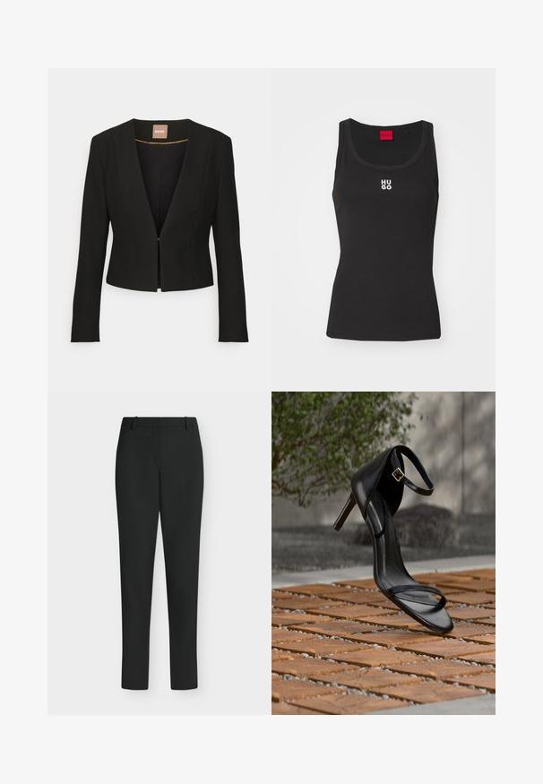 Zwarte cropped blazer met een diepe V-hals, lange mouwen en een enkele sluiting aan de voorkant. Gemaakt van een gladde, stevige stof met een subtiele glans.; Zwarte tanktop van katoen met een ronde halslijn en zonder mouwen. Voorzien van een wit "HUGO" logo in het midden. Eenvoudig en aansluitend ontwerp.; Zwarte slim fit broek met riemlussen, voorrits en rechte pijpen, getoond tegen een witte achtergrond.; Zwarte hoge hak sandaal met enkelbandje zweeft boven een houten tegelvloer buiten, met een onscherpe groene en stenen achtergrond.