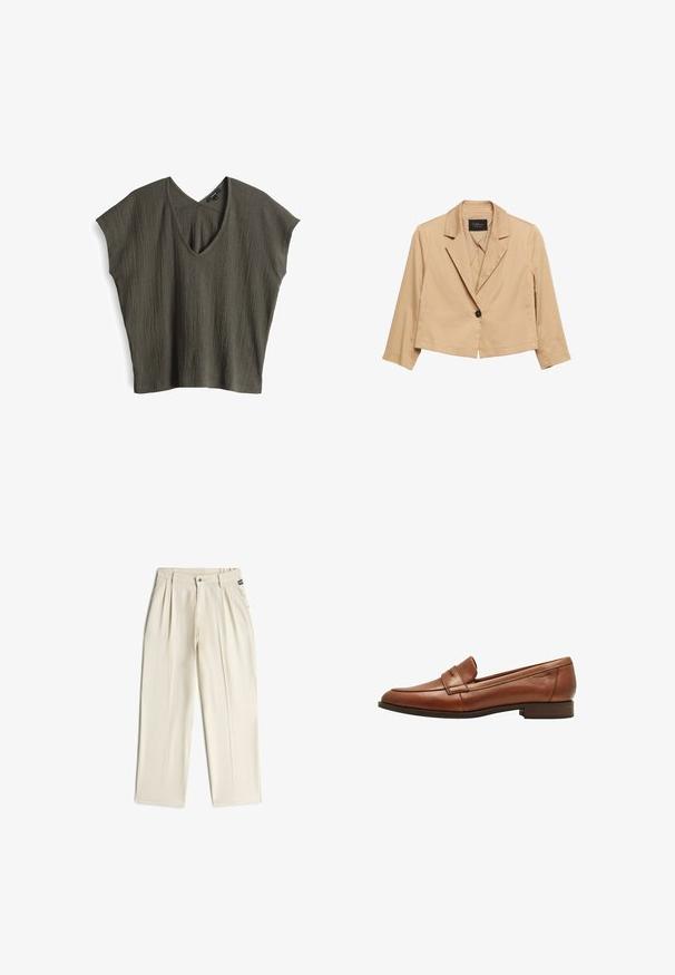 Beige cropped blazer met lange mouwen, met inkeping aan de revers en een enkele zwarte knoop aan de voorkant.; Olijfgroene, kortmouwtop met een textuur, gekreukt ontwerp en een V-hals. Lichte stof met een losse, relaxte pasvorm.; Crèmekleurige broek met hoge taille, voorplooien, zijzakken, riemlussen, knoopsluiting en een klein zwart label op de rechterzak.; Bruine leren loafers met een gladde afwerking, featuring een ronde neus, gestikte details en een lage blokhak. Verfraaid met een decoratieve band.