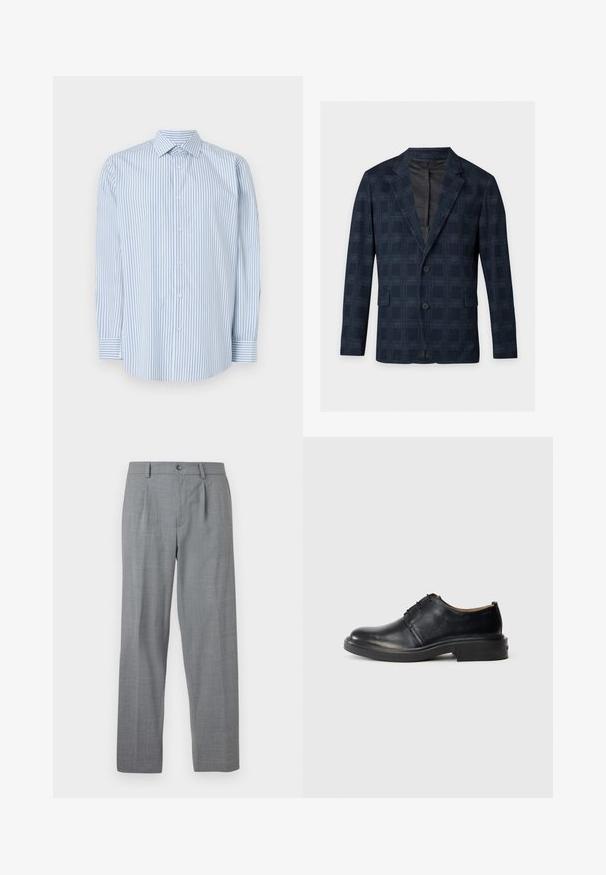 Donkerblauwe herenblazer met subtiel ruitpatroon, twee knopen, gespleten revers en klepzakken, getoond op een witte achtergrond.; Blauwe en witte gestreepte blouse met lange mouwen, gemaakt van katoen, met een klassieke kraag, knoopsluiting aan de voorkant en manchetten.; Grijze broek met een gestructureerde stof, rechte pijpen, en een enkele sluiting met een knoop aan de voorkant met geplooide details.; Zwarte leren oxford-schoen met ronde neus, vetersluiting aan de voorkant en een lage gestapelde hak op een effen lichte achtergrond.