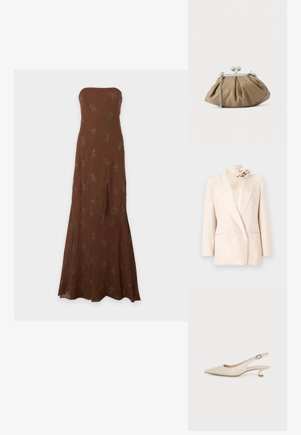 Blazer crème croisé avec revers crantés, deux poches avant et un accessoire floral crème assorti sur un col montant.; Robe maxi marron sans bretelles avec un motif subtilement texturé et de petits motifs floraux brodés dispersés.; Chaussure slingback beige à bout pointu avec un petit talon kitten et une boucle latérale réglable sur fond blanc uni.; Pochette en cuir beige clair à la forme arrondie, texture plissée, fermeture à verrou argentée et bandoulière chaîne amovible.