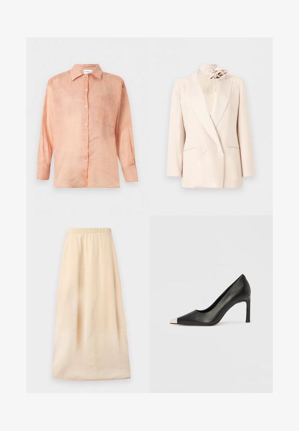 Blazer crème croisé avec revers crantés, deux poches avant et un accessoire floral crème assorti sur un col montant.; Chemise à manches longues couleur pêche claire avec col et une poche poitrine, présentée sur un fond blanc uni.; Jupe longue beige avec taille élastique et détail de couture subtil, présentée à plat sur un fond clair.; Chaussure à talon haut en cuir noir avec bout pointu et capuchon argenté métallique. Présente une finition lisse et un talon fin de 10 cm.