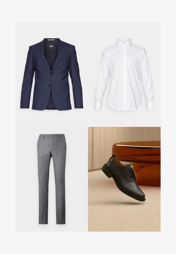 Blazer entallado azul marino hecho de una tela suave, con dos botones, solapas de muesca y dos bolsillos delanteros. Interior etiquetado "BOSS."; Camisa blanca de manga larga con cuello clásico, tejido suave y tapeta delantera que presenta botones redondeados claros.; Pantalones a rayas gris claro hechos de una tela texturizada, que presentan un diseño clásico, un corte recto y dos bolsillos frontales.; Zapato de vestir para hombre de cuero negro con cordones flotando sobre una alfombra beige, con una mesa de café redonda marrón en el fondo.