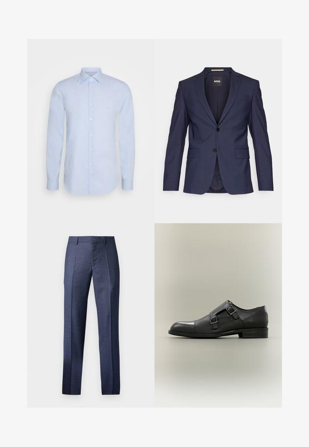 Námornícky modrý tailored blazer vyrobený z hladkej tkaniny, s dvoma gombíkmi, klopami a dvoma prednými vreckami. Vo vnútri označený "BOSS."; Svetlomodrá košeľa s dlhými rukávmi vyrobená z hladkej bavlny, so vzorovaným klasickým golierom, zapínaním na gombíky a subtílnym logom na hrudi.; Pánske tmavomodré spoločenské nohavice, vyrobené z textúrovanej tkaniny, s priliehavým strihom, hladkým predným dielom a dvoma ostrými záhybmi pozdĺž nohavíc.; Čierna kožená pánska spoločenská obuv s dvojitou prackou, s textúrovanou strednou časťou a lesklou špičkou, plochou podrážkou a vyrazenou značkou na päte.
