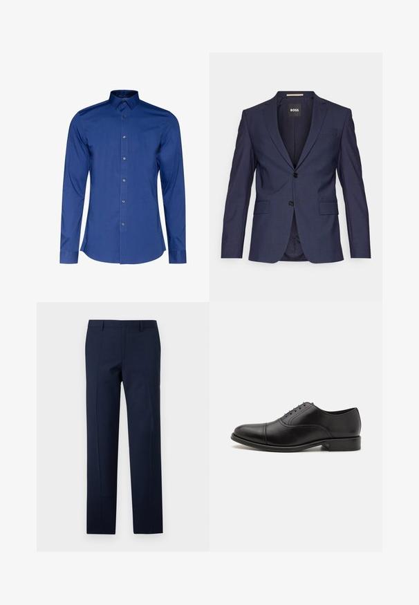 Blazer entallado azul marino hecho de una tela suave, con dos botones, solapas de muesca y dos bolsillos delanteros. Interior etiquetado "BOSS."; Camisa de manga larga y cuello en tejido azul oscuro con una textura suave, con cierre de botones en la parte delantera y dobladillo redondeado. Brillo sutil en el tejido.; Pantalones azul marino con un corte entallado, que presentan una textura suave, pliegues marcados y un diseño de frente plano. Cierre de cremallera oculta.; Zapato de vestir de cuero negro con punta redondeada, acabado liso y costuras sutiles. Cuenta con cordones azules y un tacón bajo apilado.