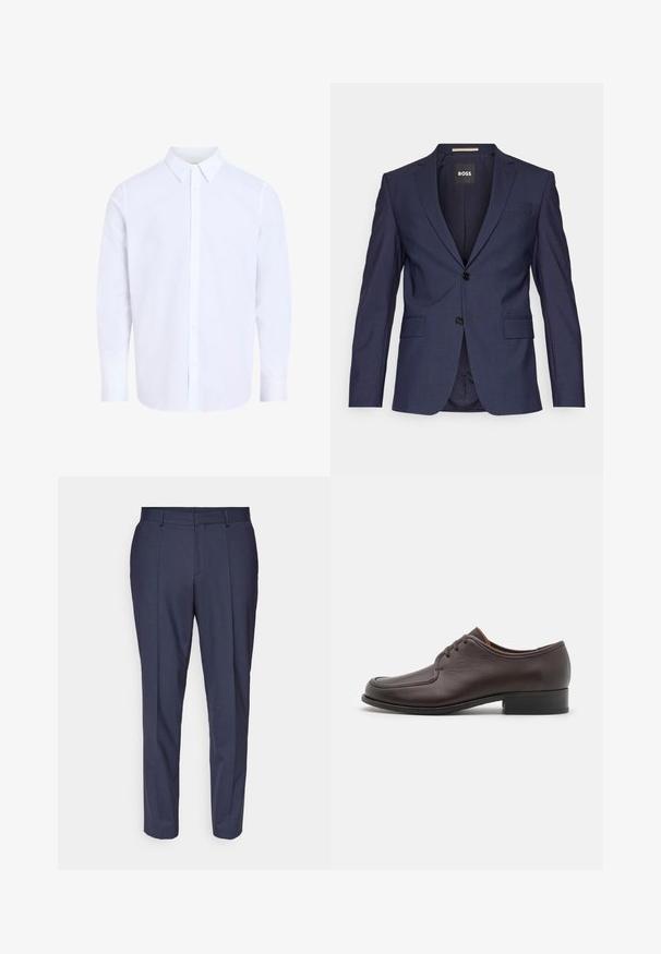 Námornícky modrý tailored blazer vyrobený z hladkej tkaniny, s dvoma gombíkmi, klopami a dvoma prednými vreckami. Vo vnútri označený "BOSS."; Biele košeľové tričko s dlhým rukávom a klasickým golierom, vyrobené z hladkej tkaniny, s predným zapínaním na gombíky a zaobleným lemom.; Námornícke nohavice s rovnými nohavicami, vyrobené z textúrovaného materiálu, s prednými záhybmi, pútkami na opasok a bočnými vreckami.; Hnedé kožené spoločenské topánky s hladkým povrchom, okrúhlou špičkou a uzavretým šnurovaním. Majú nízky stohovaný podpätok a jemný detail prešívania.
