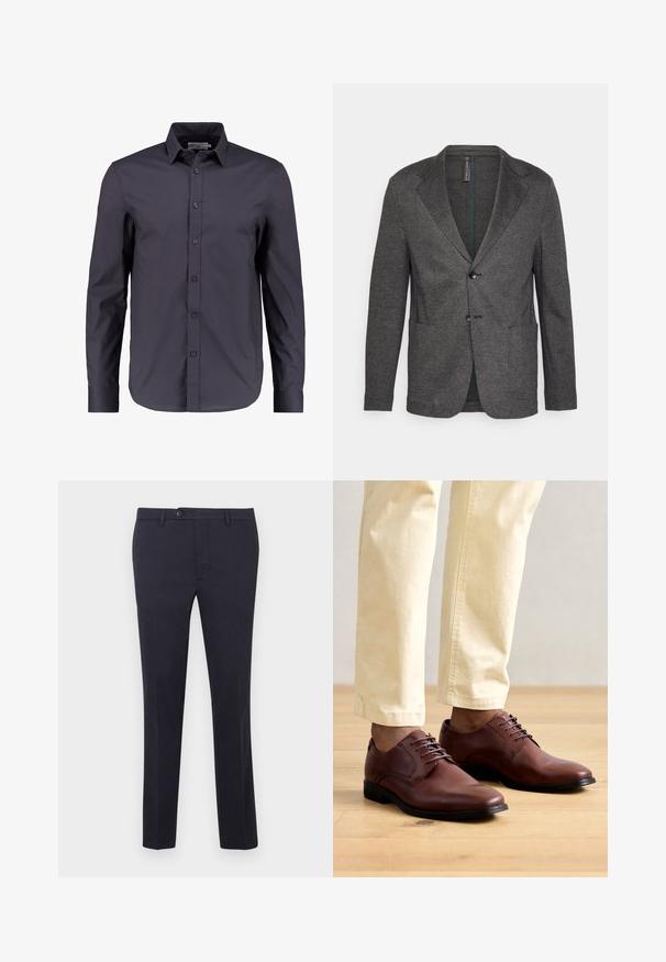 Strellson ANDY - Blazere - charcoal; Mørk navy blå langærmet skjorte lavet af glat bomuld, med knaplukning fortil, klassisk krave og en skræddersyet pasform.; Marineblå bomuldsbukser med en lige pasform, med knaplukning, bæltestropper og uden synlige mønstre eller detaljer.; Brune lædersko med en glat overflade, rund tå og snørebåndsdesign. Båret sammen med lyse bukser på et trægulv.