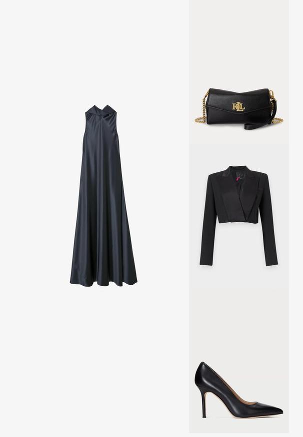 Zwarte cropped blazer met brede satijnen revers en lange mouwen, met Pinko-label aan de binnenkant van de kraag.; Mouwloze lange zwarte satijnen jurk met hoge kraag en uitlopende zoom, gladde textuur, getoond op een witte achtergrond.; Zwarte leren hoge hakpumps met een spitse neus en een slanke stilettohak. De gladde textuur en minimale details zorgen voor een klassiek ontwerp.; Zwarte leren clutch met goudkleurig RLL-logo aan de voorkant, gouden kettingriem en afneembare leren polsriem op witte achtergrond.