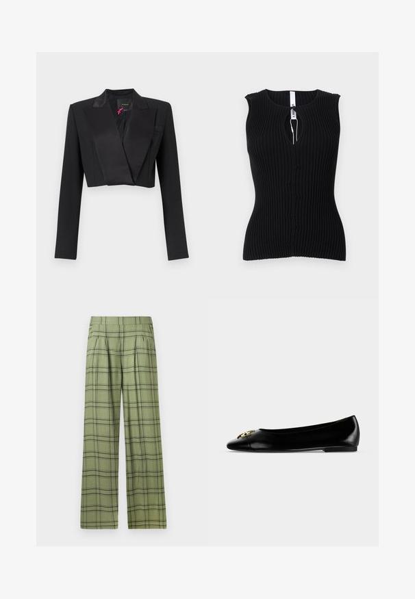 Blazer court noir avec larges revers en satin et manches longues, étiquette Pinko à l’intérieur du col.; Haut noir sans manches en tricot côtelé avec un col rond et une petite ouverture en forme de trou de serrure au centre devant.; Pantalons évasés verts avec un motif à carreaux noirs, une taille haute, des plis sur le devant et des poches latérales.; Chaussure plate en cuir noir avec une boucle décorative dorée sur l'avant arrondi et un petit talon sur fond blanc.
