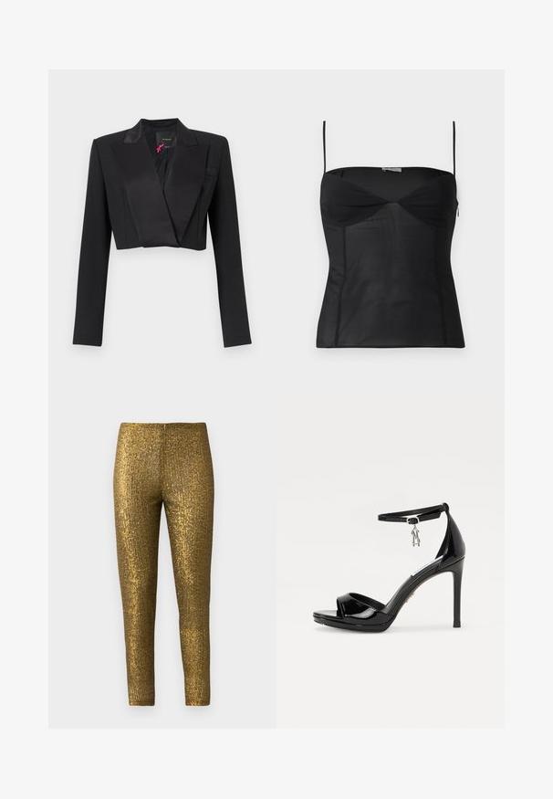 Zwarte cropped blazer met brede satijnen revers en lange mouwen, met Pinko-label aan de binnenkant van de kraag.; Zwart mouwloos strak topje met dunne schouderbandjes, sweetheart halslijn en naaddetails op een effen witte achtergrond.; Gouden metallic legging met een getextureerd, verticaal streep patroon. De stof heeft een glanzende afwerking en een slanke, aansluitende pasvorm.; Zwarte lakleren hoge hakken sandalen met een open teen, enkelbandje en een zilveren charmeaccent. Beschikt over een slank, modern ontwerp.