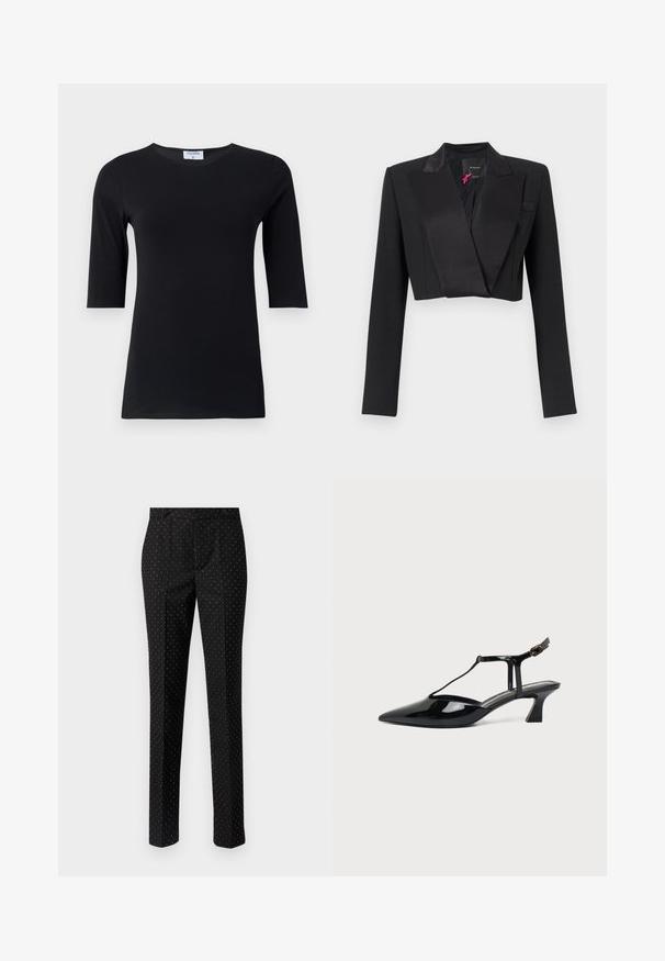 Blazer court noir avec larges revers en satin et manches longues, étiquette Pinko à l’intérieur du col.; Haut noir à manches longues fabriqué en tissu doux et extensible. Dispose d'un col rond et d'une silhouette ajustée avec des manches de longueur intermédiaire.; Pantalon noir coupe slim, avec un motif discret de petits pois blancs, deux poches avant et une texture de tissu lisse.; Chaussure slingback en cuir verni noir à bout pointu avec bride en T et petit talon bloc incliné sur fond blanc.
