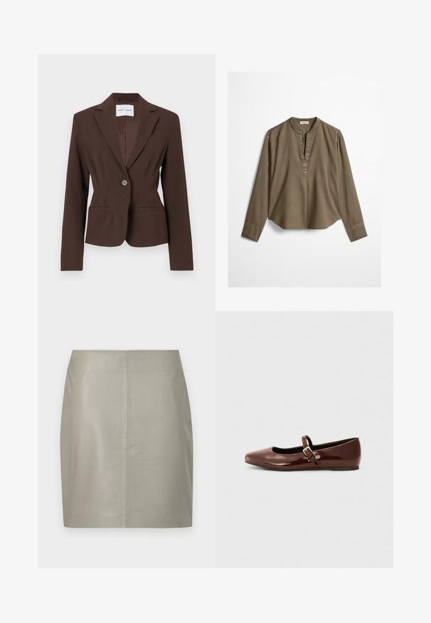 Blazer marron au design structuré avec un bouton unique, revers crantés, deux poches avant et une texture de tissu lisse.; Blouse décontractée marron à manches longues avec col mandarin, pli à l'avant et ourlet légèrement arrondi, étalée à plat sur un fond blanc.; Jupe en cuir beige longueur genou avec une coupe droite et une couture verticale centrale, présentée sur un fond blanc.; Ballerine en cuir verni marron avec un bout carré et une lanière ornée d'une petite boucle dorée. Texture lisse, talon bas et design minimaliste.