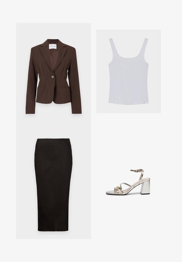 Blazer marron au design structuré avec un bouton unique, revers crantés, deux poches avant et une texture de tissu lisse.; Débardeur blanc sans manches à côtes, avec des bretelles larges et un col carré, posé à plat sur un fond neutre.; Jupe crayon noire, longueur genoux, en tissu lisse avec une taille élastique, présentant un design simple et minimaliste sans matériaux visibles.; Sandale argentée à brides avec un talon bloc. Comporte un matériau métallique, une sangle de cheville avec une boucle et plusieurs fines brides sur le devant.