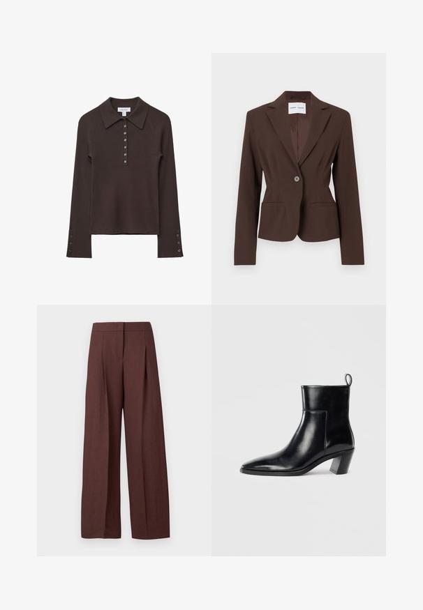 Blazer marron au design structuré avec un bouton unique, revers crantés, deux poches avant et une texture de tissu lisse.; Polo shirt à manches longues côtelé marron avec un col, patte de boutonnage à six boutons et accents de boutons sur les manches. Texture douce avec une silhouette ajustée.; Pantalon marron à jambes larges et taille haute avec plis devant et fermeture avant dissimulée, présenté sur fond blanc uni.; Bottine en cuir noir avec un bout pointu, un talon empilé géométrique et une languette à l'arrière. Texture lisse et design épuré.